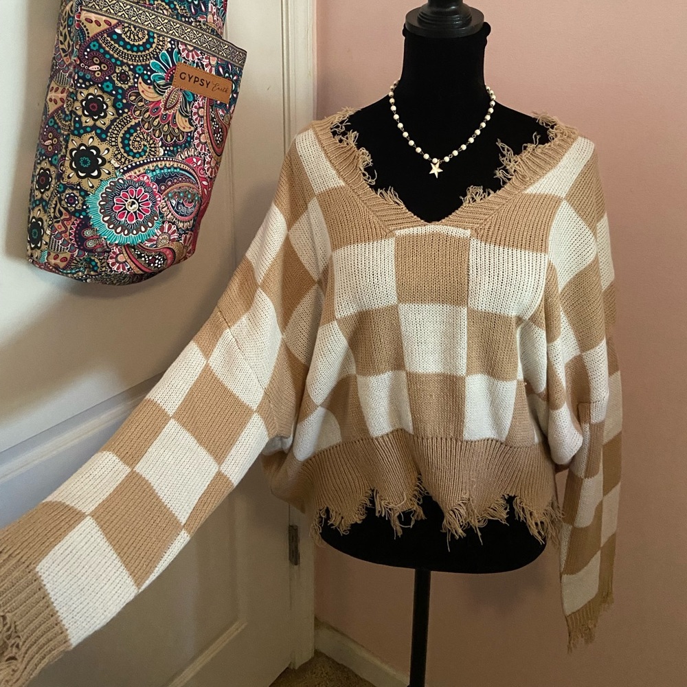 Vintage Nude and white checkered distressed sweater